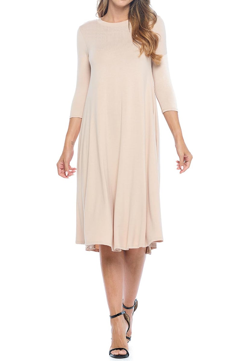 iconic luxe Women's Swing Midi Dress â€“ 3/4 Sleeve Flowy A-Line Tunic â€“ Soft, Stretchy, Comfortable, and Versatile Casual Dress for Everyday Wear X-Large Mocha - Image 1